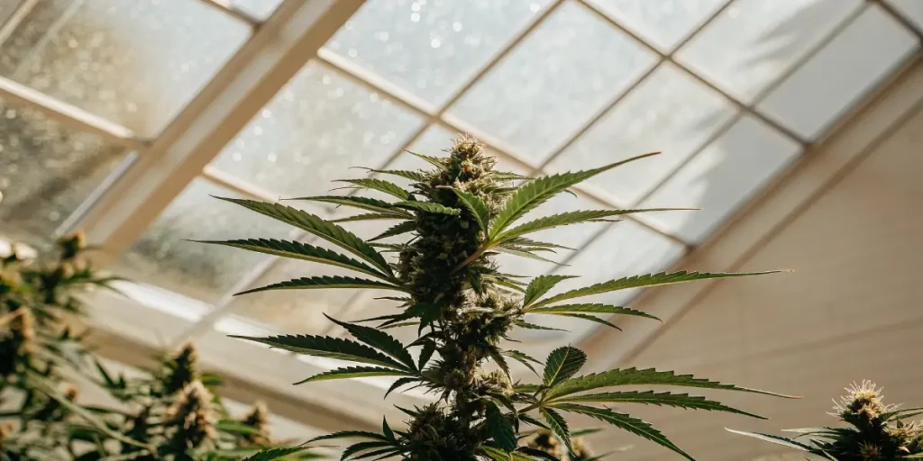 Close-up of a cannabis plant's main bud with visible trichomes, under bright greenhouse light.