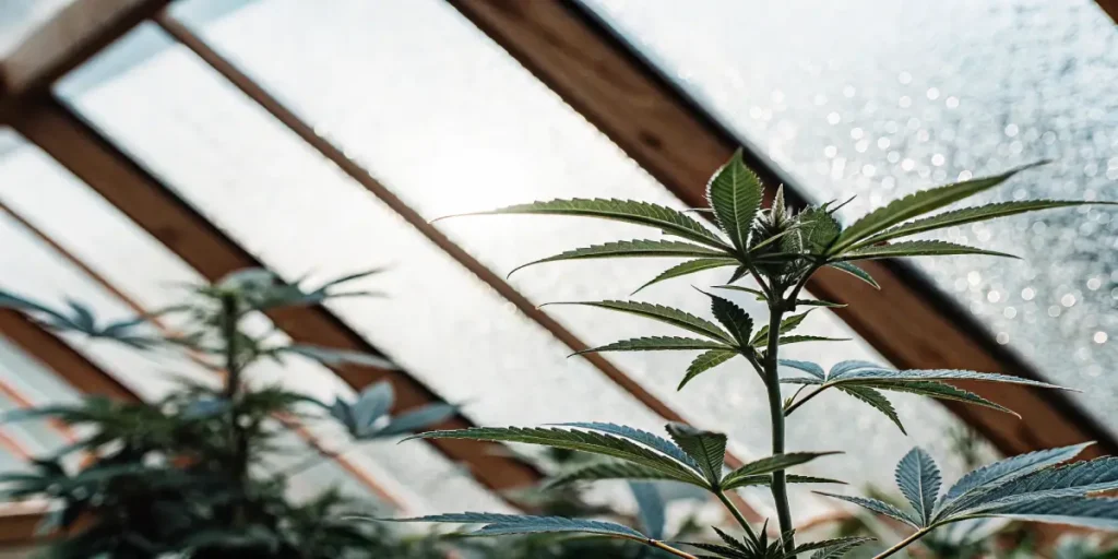 Close-up of a young cannabis plant with vibrant green leaves under diffused light in a greenhouse.