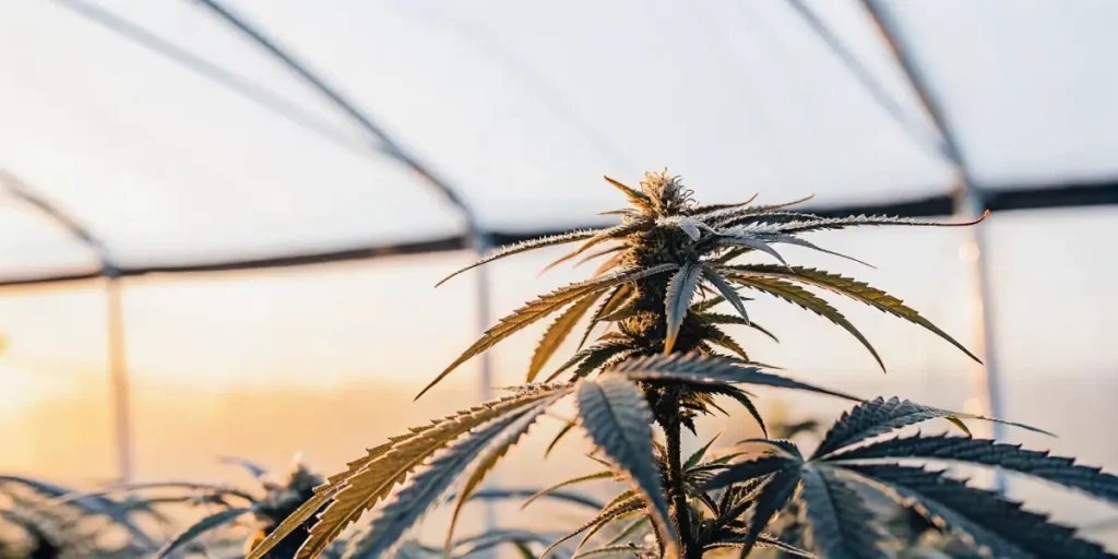 Close-up of a cannabis plant in a greenhouse, backlit by warm, setting sunlight.