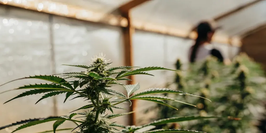 Close-up of a cannabis plant with developing buds and leaves in a sunny greenhouse, with a blurred person in background.