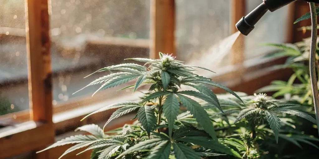 Close-up of a vibrant green cannabis plant being misted in a sunlit greenhouse.