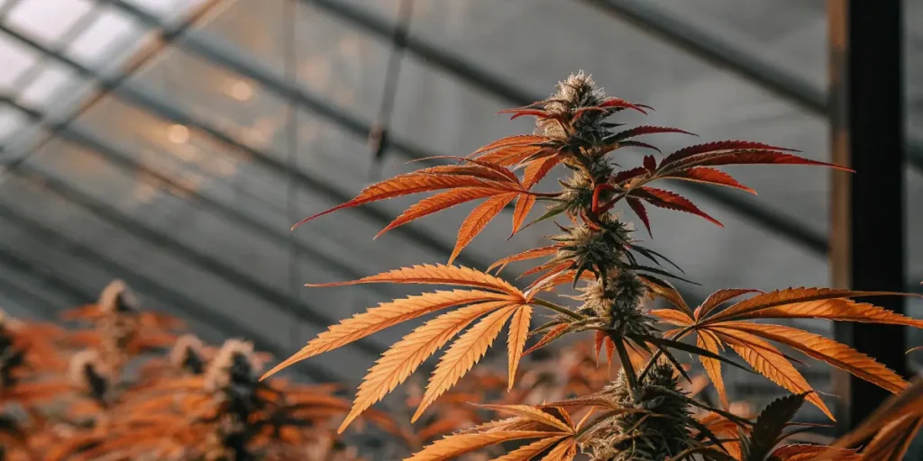 Close-up of a cannabis plant with vibrant orange-red leaves and frosted buds in a greenhouse.