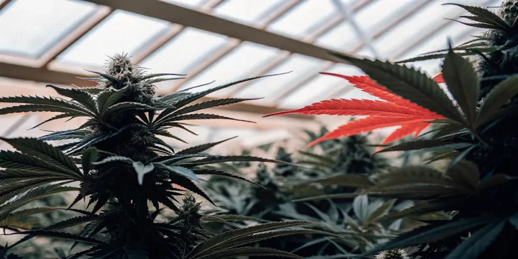 Close-up of cannabis plants in a greenhouse, featuring a distinct bright red leaf contrasting with green foliage.