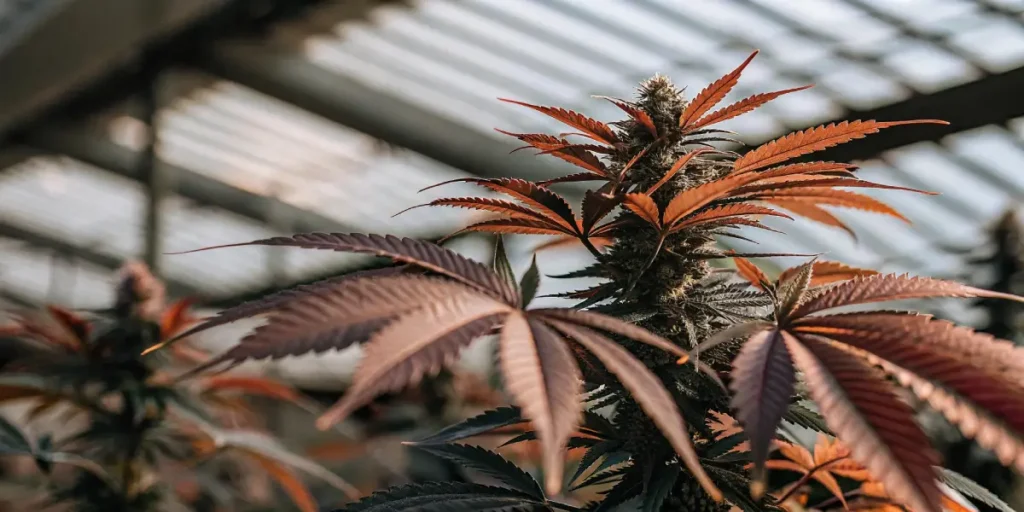 Close-up of a cannabis plant with reddish-brown leaves and a developed bud in a greenhouse.