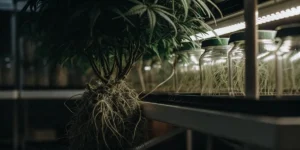 Hyper-realistic close-up of a cannabis plant with exposed root ball, under grow lights with glass jars.