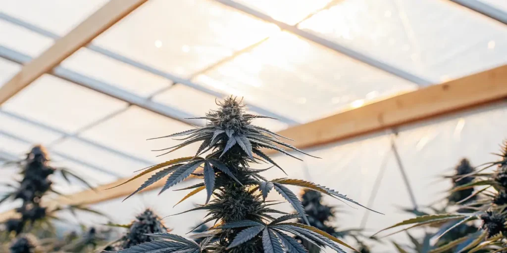 Close-up of a cannabis plant with developed buds, basking in bright sunlight through a greenhouse roof.