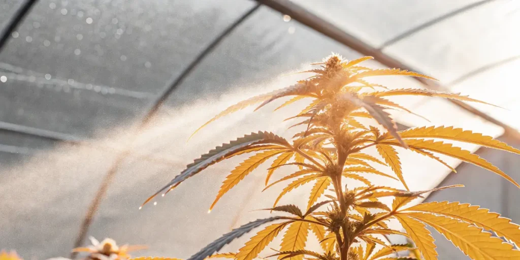 Close-up of a cannabis plant with golden-hued leaves being misted in a sunlit greenhouse at sunset.