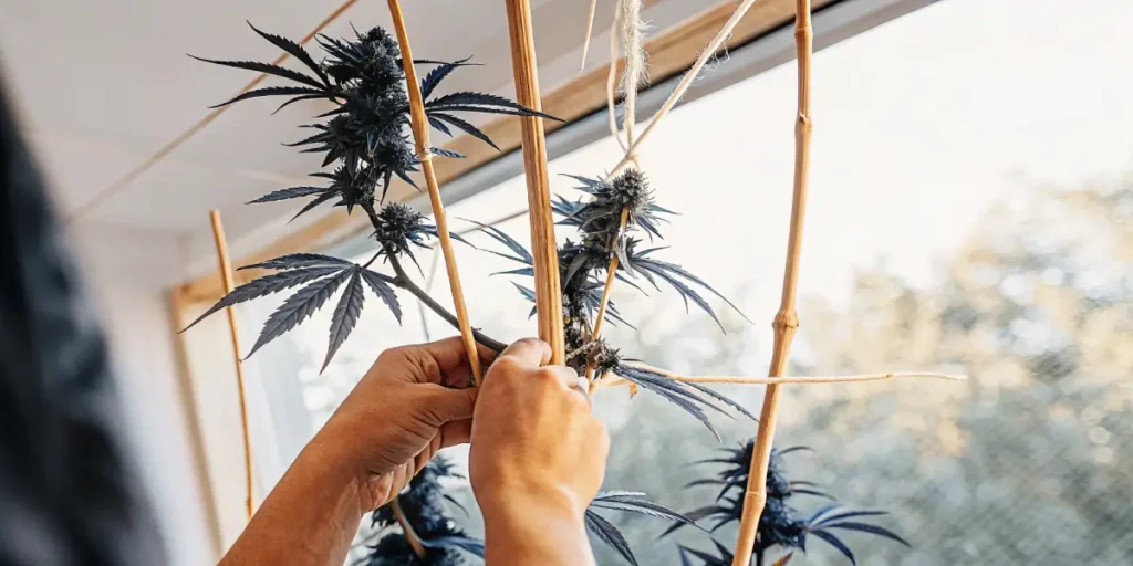 Close-up of hands tying dark-leaved cannabis plant to bamboo stakes for support and training.