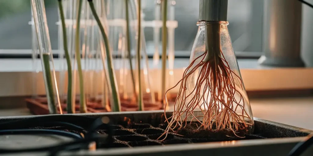 Hyper-realistic close-up of cannabis roots in a glass flask, illuminated from below, with test tubes in a lab.