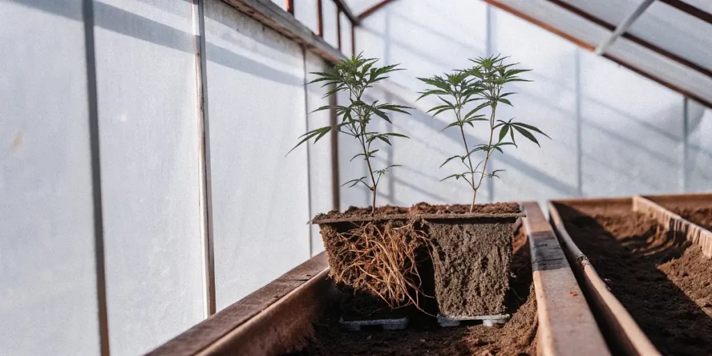Detailed view of two young cannabis plants with exposed root systems in a starter tray in a sunny greenhouse.