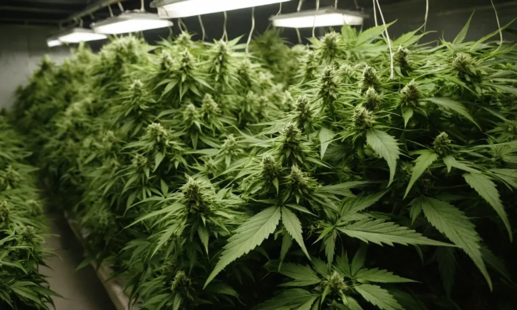 Indoor grow room filled with mature Cherry AK Auto cannabis plants under LED lights.