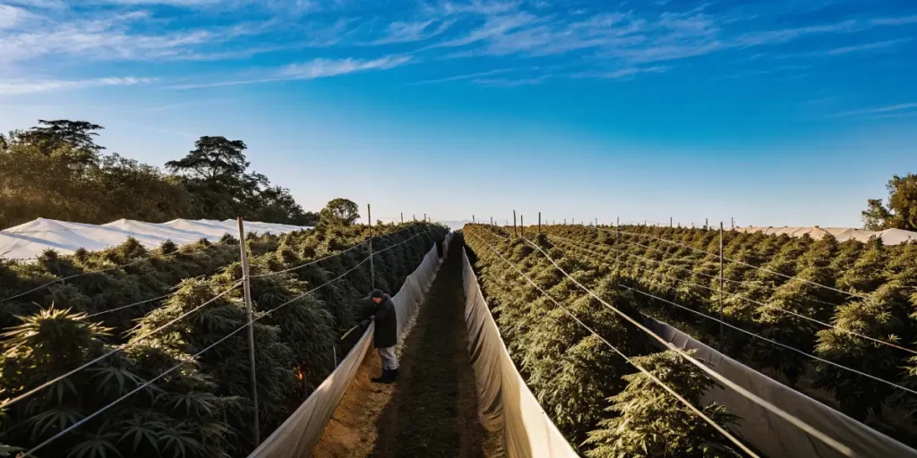 High-angle view of a vast outdoor cannabis farm at dawn, with a worker tending rows.