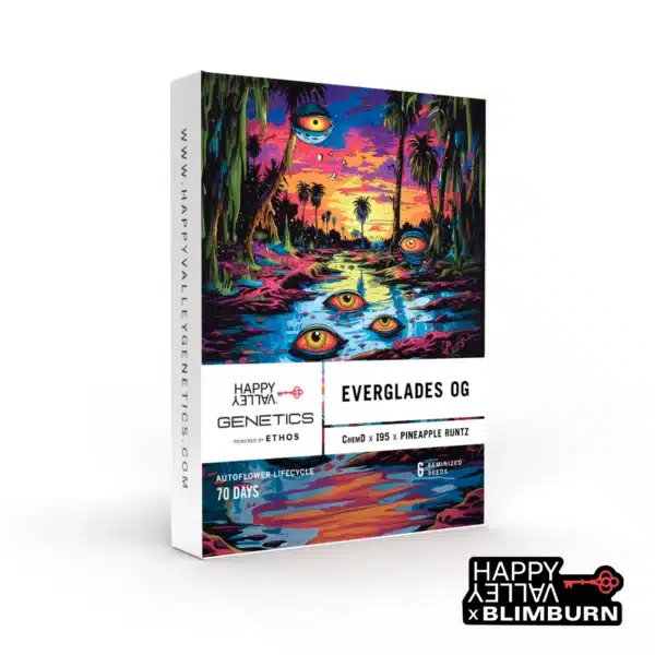 Everglades OG seed box with trippy swamp art, eyes in water and sunset colors.