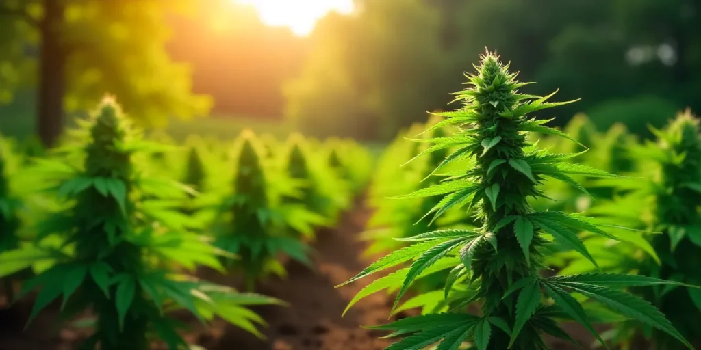 Flowering CBD Super Kush (115) cannabis plants in outdoor grow.