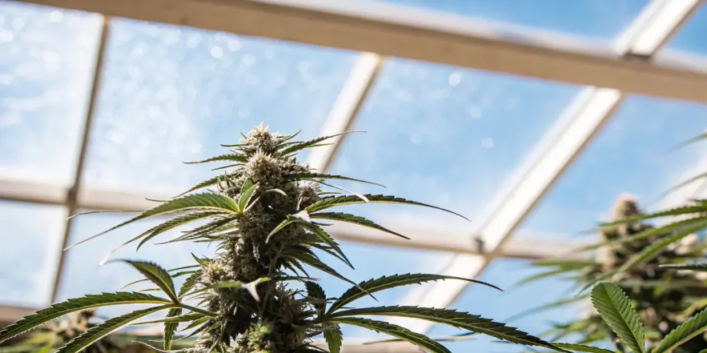 Close-up of a flowering cannabis plant with mature buds against a bright greenhouse roof.