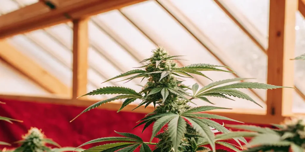 Close-up of a healthy, flowering cannabis plant with developing buds in a greenhouse.