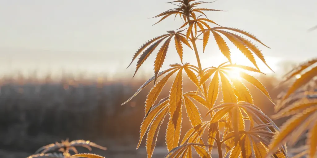 Close-up of a cannabis plant with frosted leaves, bathed in warm golden sunrise light.