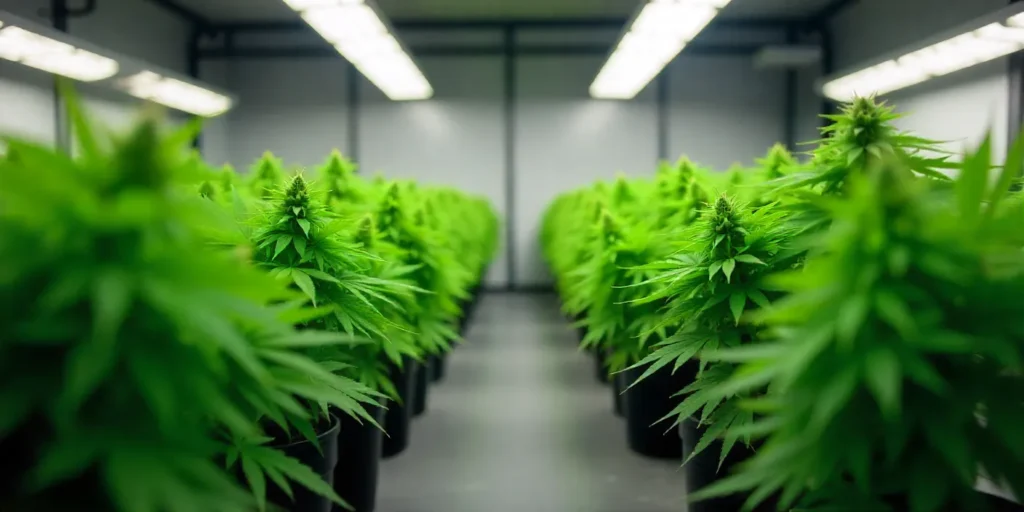 Fully developed CBD Tangie (1:15) plants in indoor grow room and balanced cannabinoid profile for quality harvests.