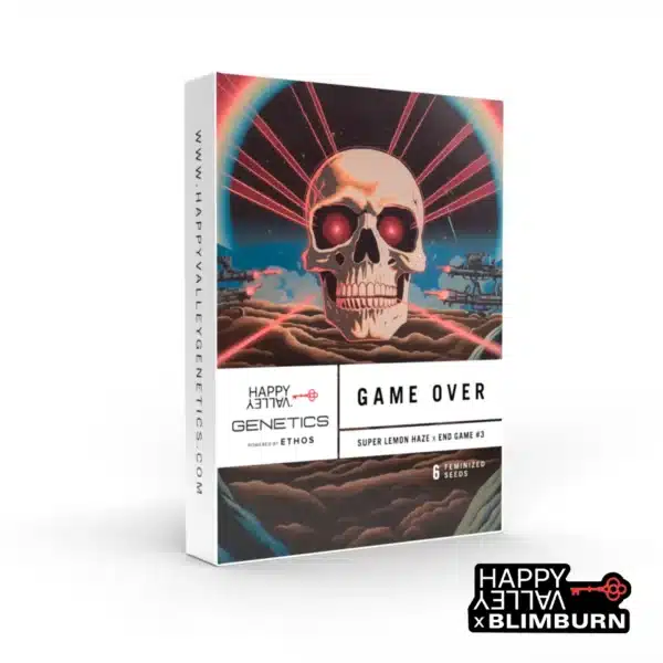 Game Over seed box with red skull, space lasers, and cosmic clouds.
