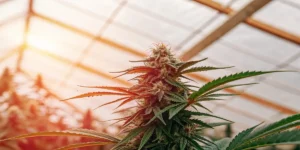Close-up of a vibrant cannabis bud with green leaves and orange pistils, bathed in sunlight inside a greenhouse.