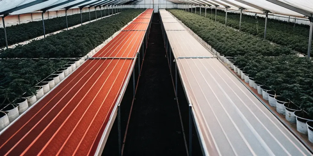 Overhead view of two long cultivation beds, one red and one gray, flanked by rows of cannabis plants in a greenhouse.