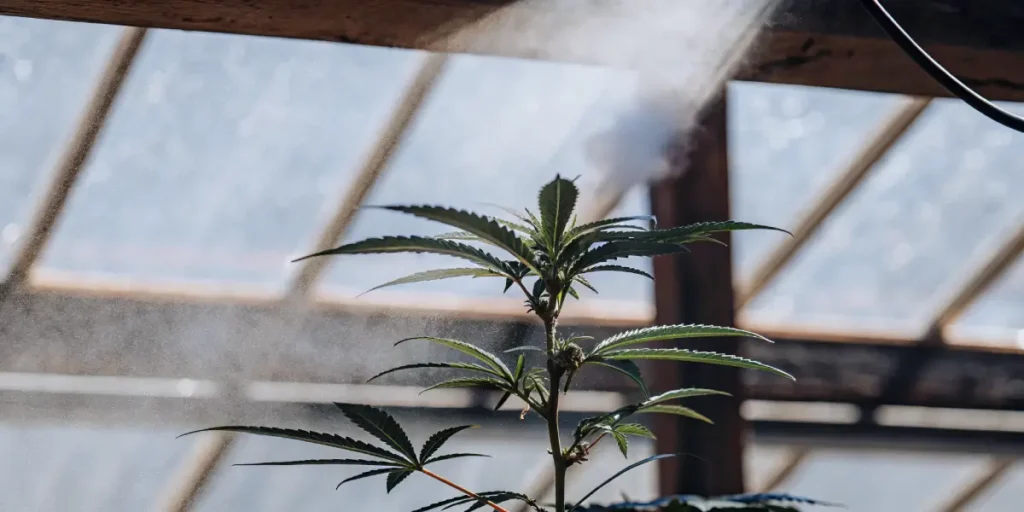 Close-up: healthy cannabis plant being misted in a greenhouse with a clear, structured roof.