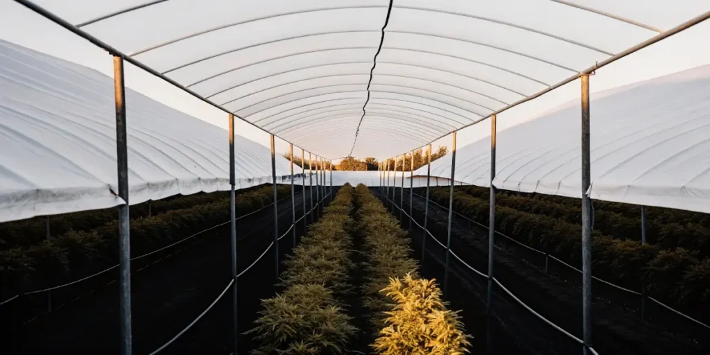 Long rows of cannabis plants extending into the distance under a white arched greenhouse roof at dusk.