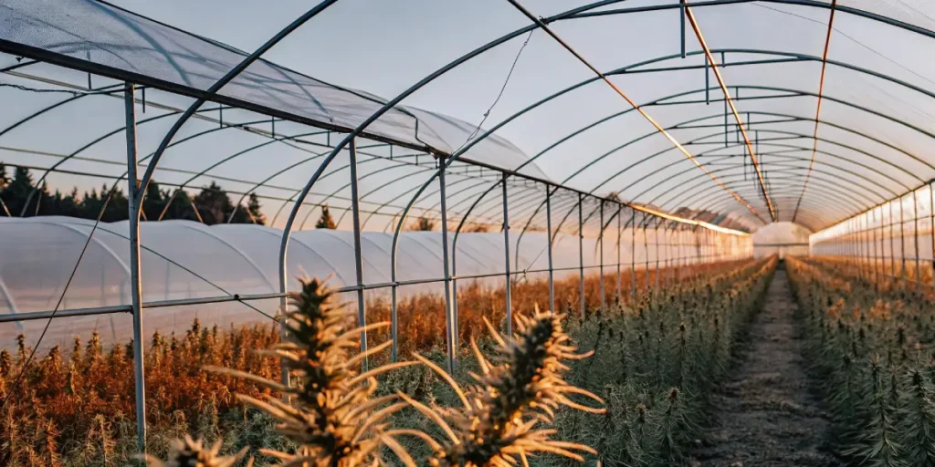 Wide-angle view of a cannabis farm with multiple greenhouse tunnels, illuminated by a warm sunset glow.