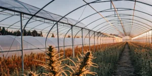 Wide-angle view of a cannabis farm with multiple greenhouse tunnels, illuminated by a warm sunset glow.
