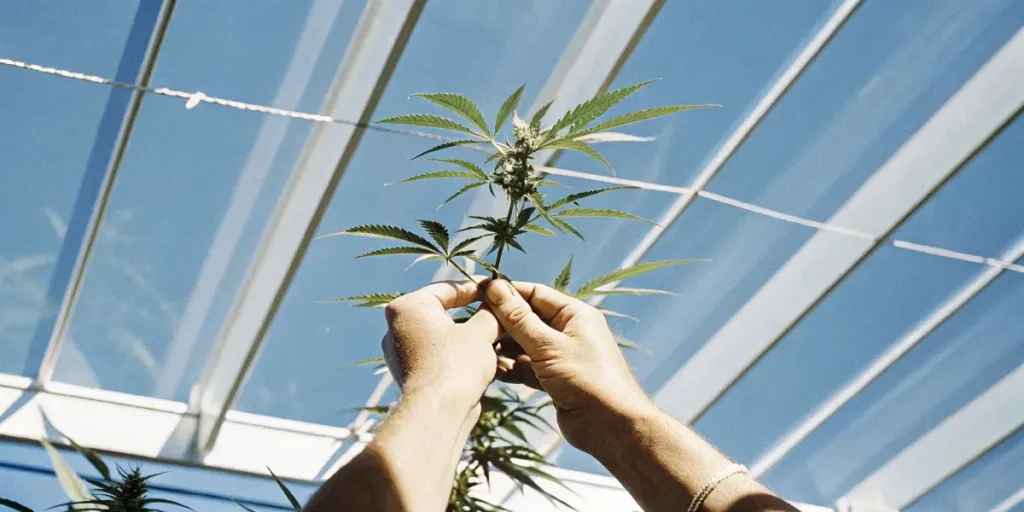 Close-up of hands gently inspecting a cannabis plant under a bright greenhouse roof.