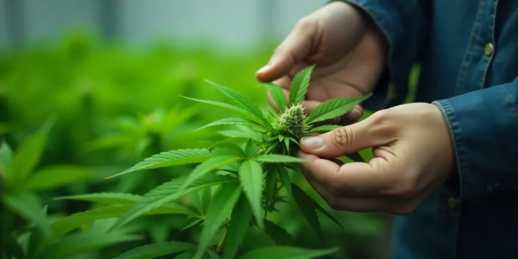 Hands inspecting grow CBD Zero bud during flowering stage.