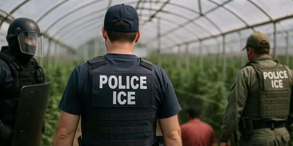 ICE police officers conducting an operation inside a greenhouse with cannabis plants.