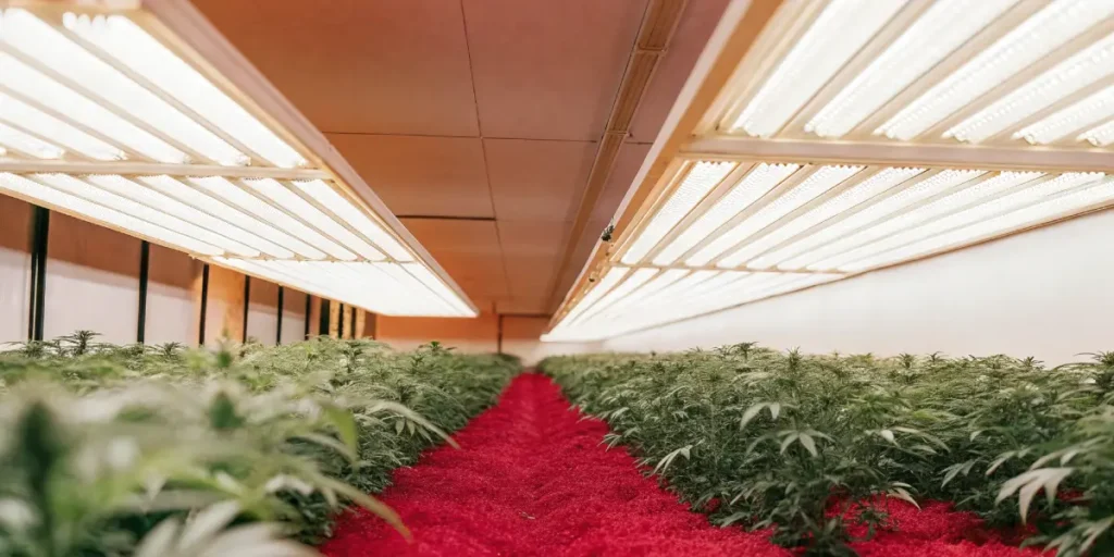 Indoor cannabis farm: rows of green plants under bright lights, with a vibrant red aisle.