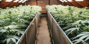 Aerial view of lush indoor cannabis farm with green plants growing in raised beds, forming long aisles.