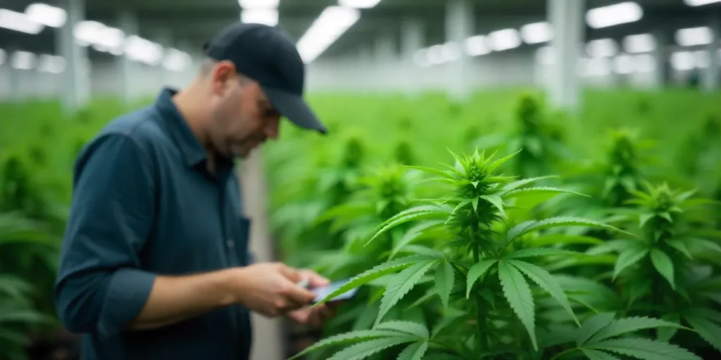 A grower checks the health of a CBD Wellness plant in a professional indoor setup.