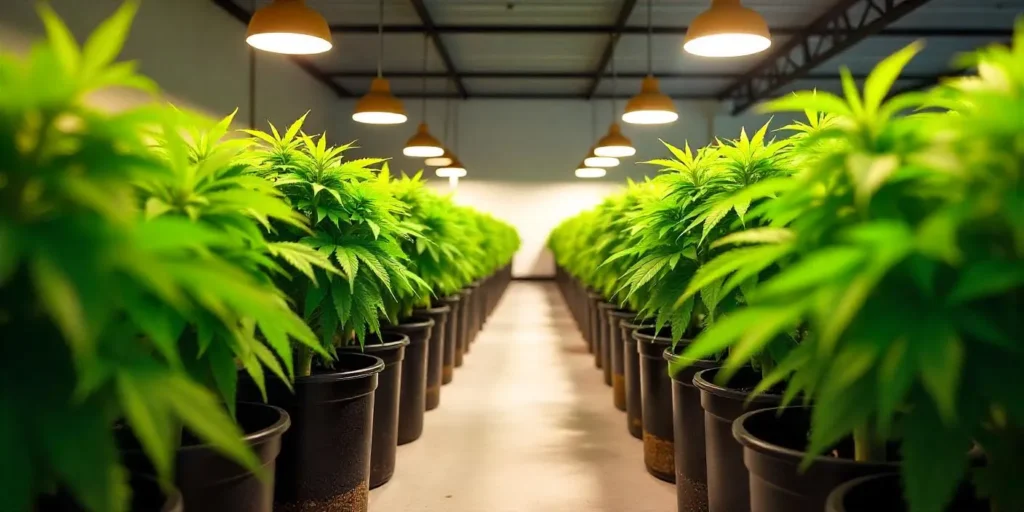 Indoor grow Carmagnola CBD plants under artificial lights.