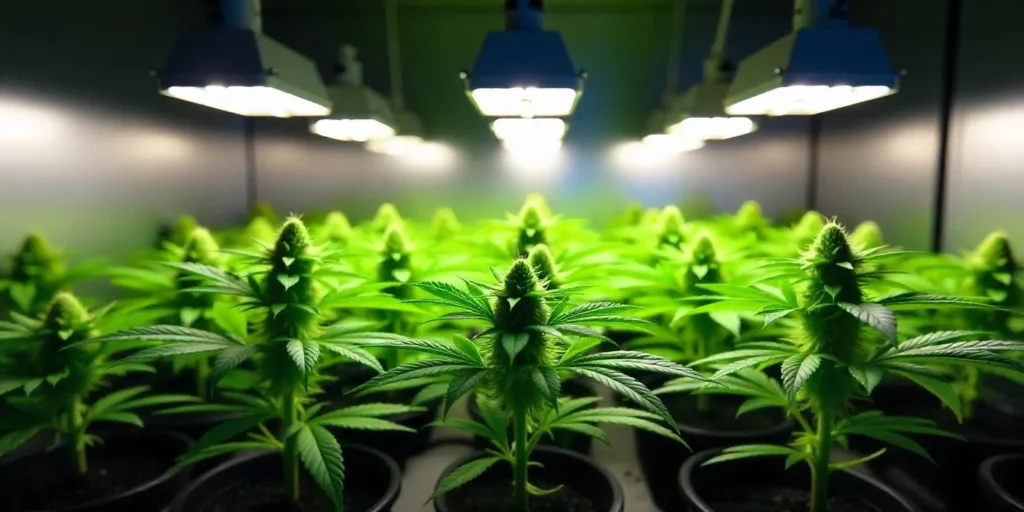 Indoor grow room with thriving CBD Diesel (11) cannabis plants.