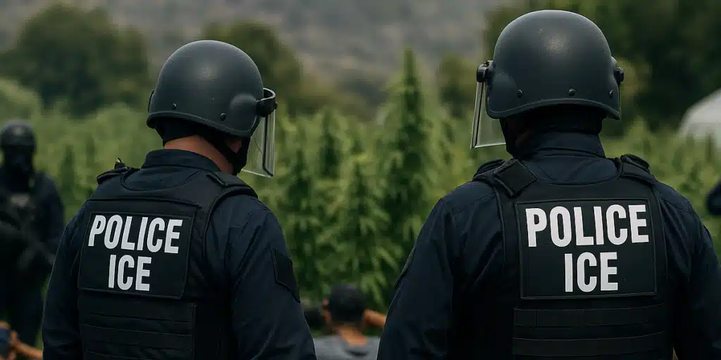 Two ICE police officers in tactical gear during an outdoor operation near a field of cannabis plants.