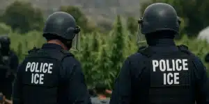 Two ICE police officers in tactical gear during an outdoor operation near a field of cannabis plants.
