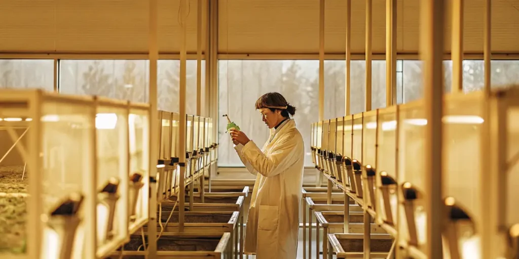 Scientist in white lab coat inspecting cannabis leaf with dropper and vial under greenhouse lighting.