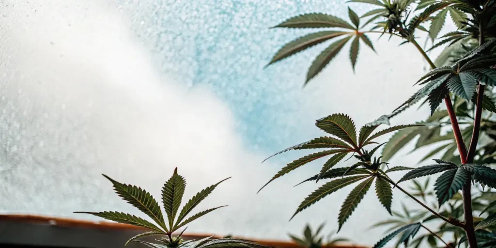 Close-up of marijuana leaves framed against a blurred, light blue background with white clouds, likely a window.