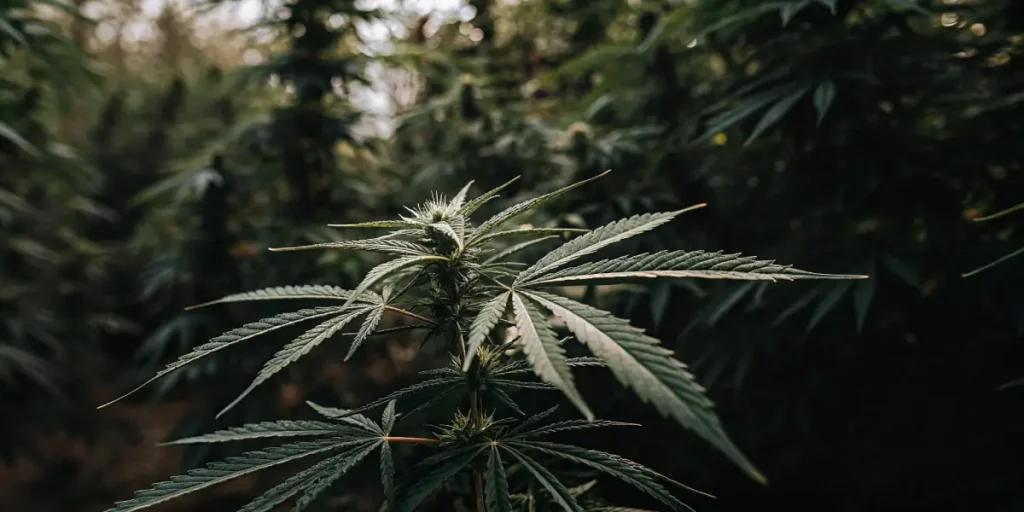 Close-up of a marijuana plant with visible leaves and small buds, in a blurred outdoor garden setting.