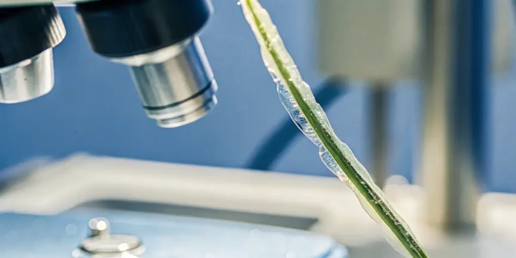 Macro shot of a plant stem with fluid bubbles, positioned under a microscope lens for observation.