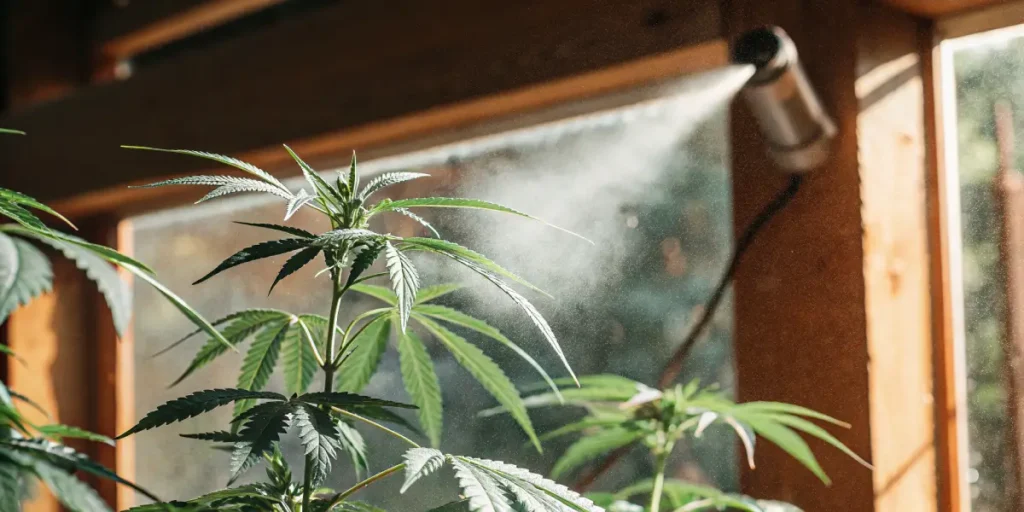 Close-up of healthy cannabis plant being misted near a sunlit window with wooden frame.