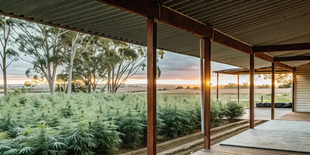 Wide-angle view of an outdoor cannabis farm field at sunset, seen from a covered porch.