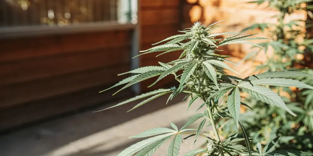 Side view of a cannabis plant with green leaves and developing buds, bathed in warm golden sunlight outdoors.