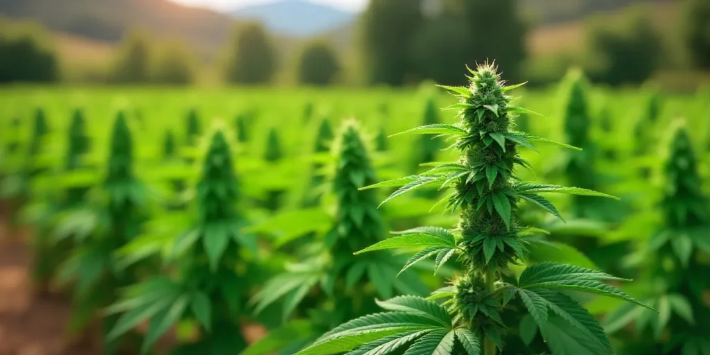 A large-scale grow CBD Very Cherry Berry plantation under natural light, featuring robust, resinous plants optimized for high CBD yields.