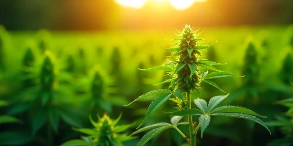 Outdoor grow CBD Zero field with cannabis plant at sunset.