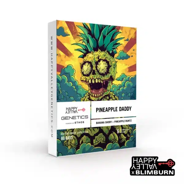 Pineapple Daddy seed box with cartoon zombie pineapple skull and vibrant colors.