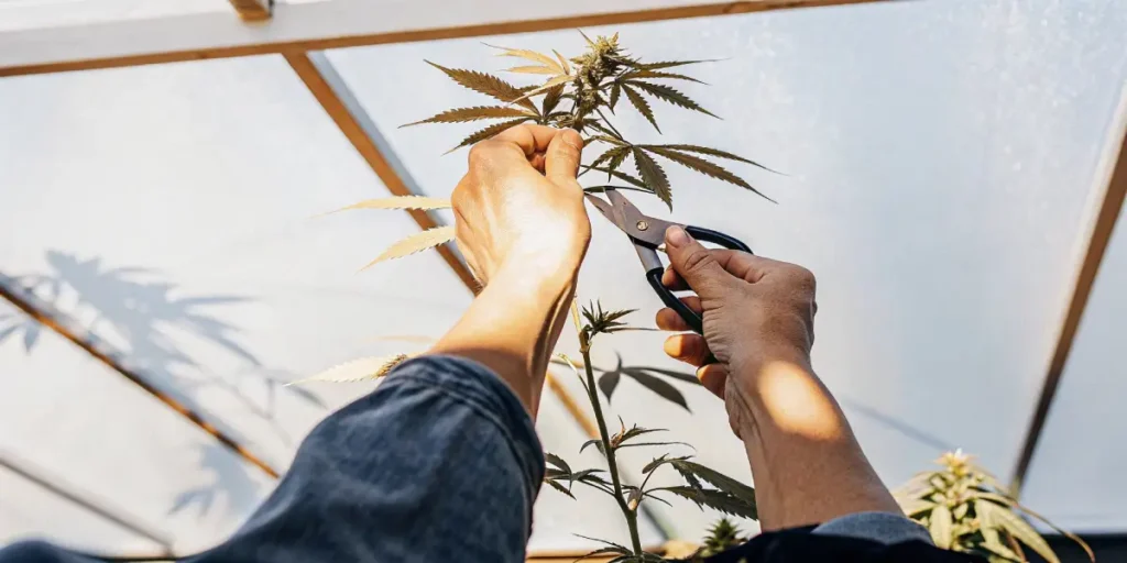 Close-up of hands carefully pruning a cannabis plant with shears in a bright greenhouse.